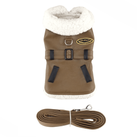 Brown and Black Faux Leather Bomber Dog Coat Harness and Leash (Option: 2X-Large)